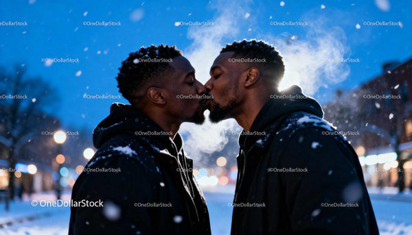 Couple Sharing an Intimate Kiss on Snowy Winter Evening