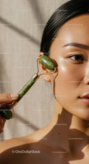 Close-up of Woman Using Jade Roller for Facial Skin Rejuvenation