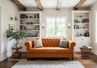 Cozy living room with orange tufted sofa and natural light