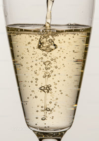 Effervescent bubbles rising in a clear champagne glass