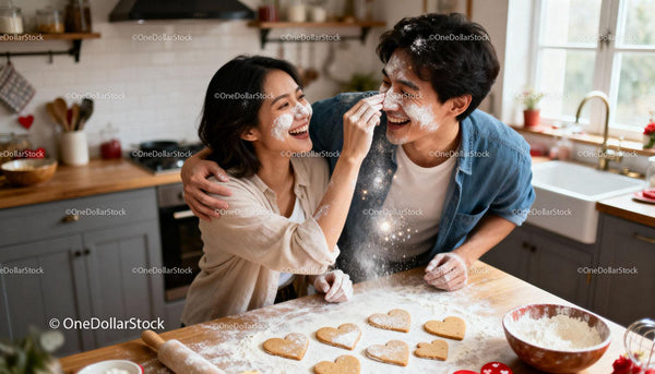 Couple Sharing a Laugh While Baking Heart Cookies Together