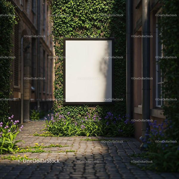 Empty billboard on ivy covered wall in quiet alley JPG Mockup Image
