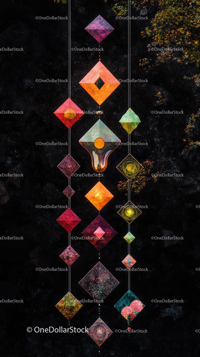 Colorful Geometric Hanging Decorations in Cosmic Space Background