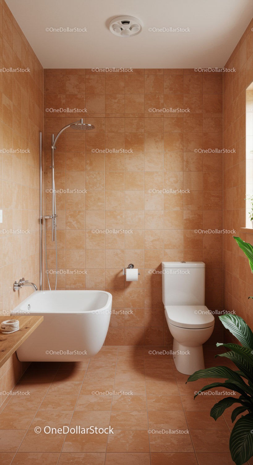 Modern Bathroom with Terracotta Tiles and Indoor Plant
