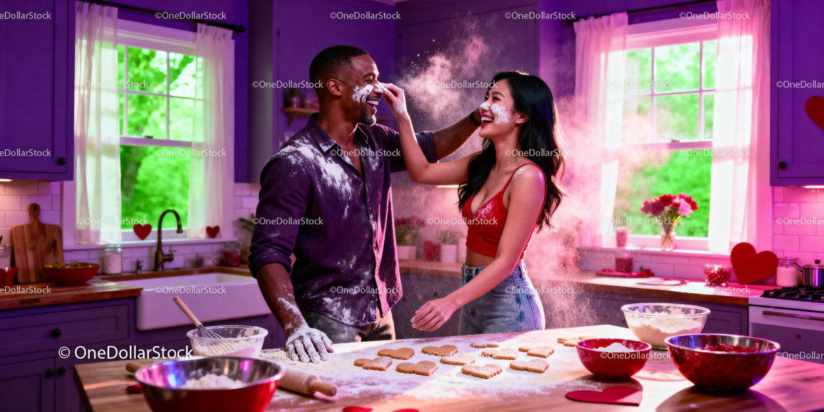Couple Playfully Baking Heart Cookies Together