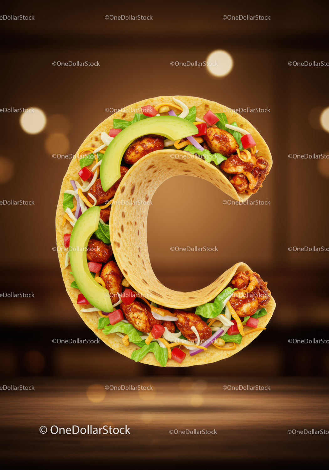 Taco shaped like letter C with fresh avocado and chicken