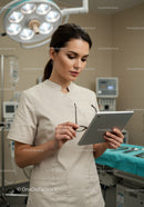 Female Healthcare Worker Using Digital Tablet in Modern Hospital Operating Room