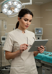 Female Healthcare Worker Using Digital Tablet in Modern Hospital Operating Room