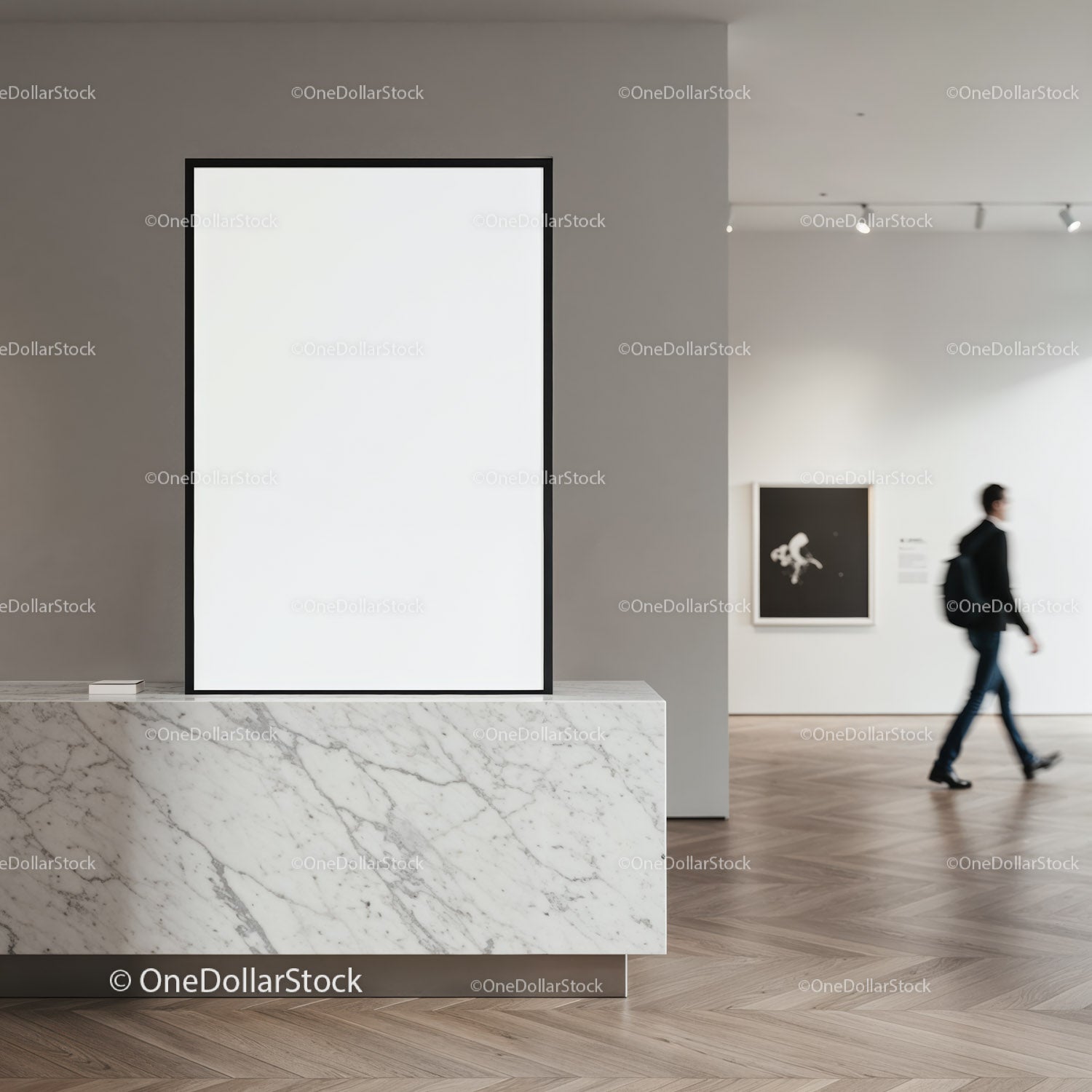 Minimalist blank poster on marble pedestal in art gallery