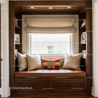 Cozy Window Nook with Cushioned Wooden Bench and Beige Pillows