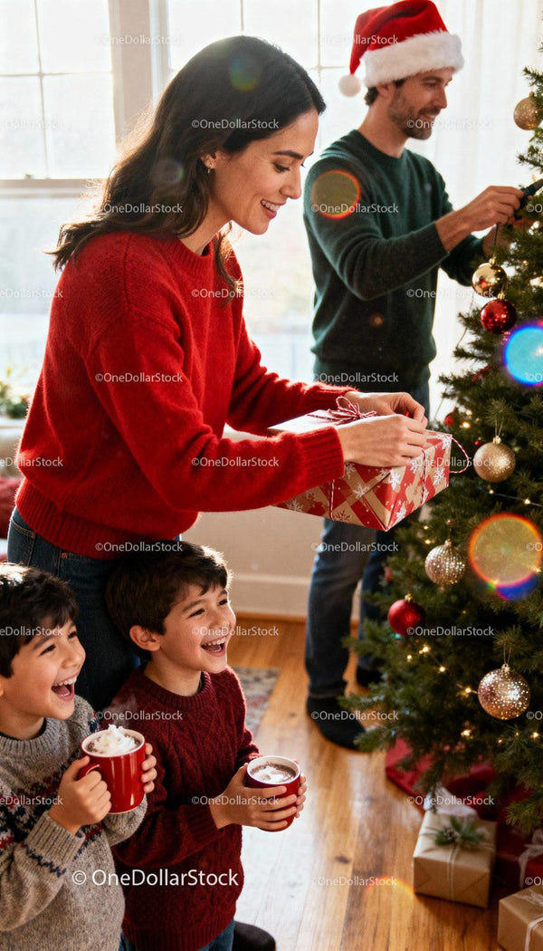 Happy family decorating Christmas tree and enjoying hot drinks