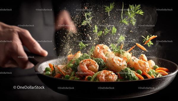 Fresh Shrimp and Vegetable Stir Fry with Herbs in Frying Pan