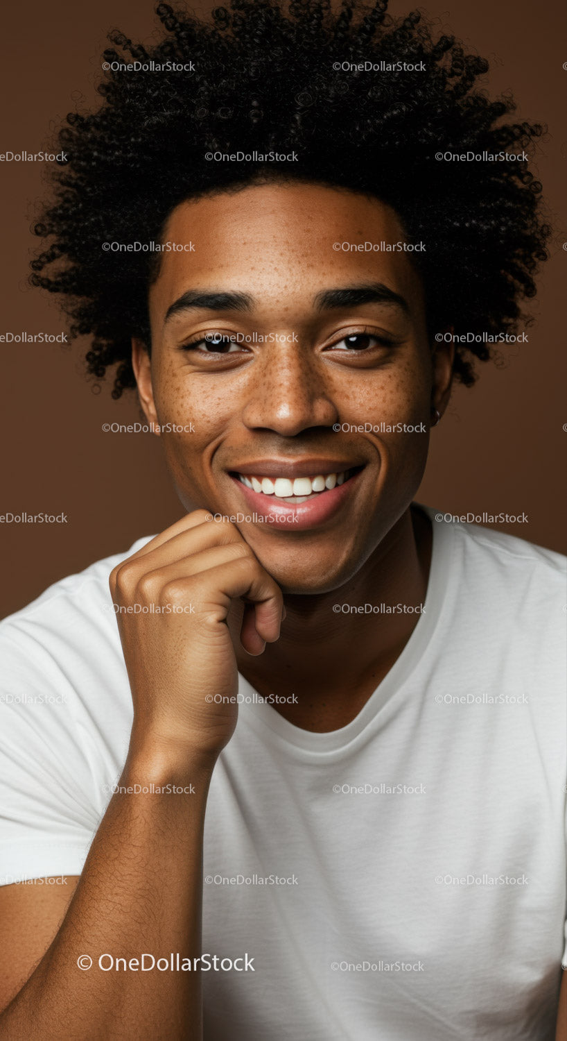 Close-up Portrait of Smiling Young Man with Curly Hair in Casual T-shirt
