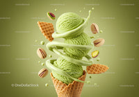 Three scoops of pistachio ice cream in waffle cone