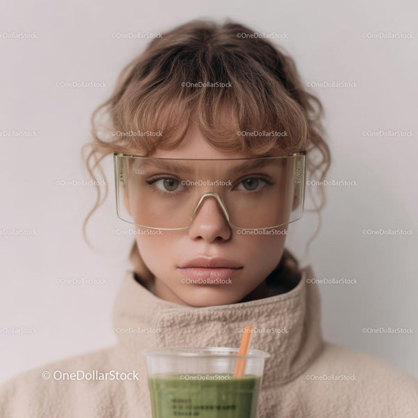 Young Girl with Curly Hair Wearing Sunglasses and Drinking Green Smoothie