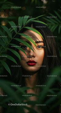 Striking Woman with Red Lips amid Lush Green Tropics