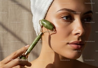 Young Woman Using Jade Roller for Face Massage and Skin Rejuvenation