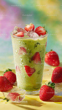 Refreshing Strawberry Drink with Sliced Strawberries and Ice Cubes