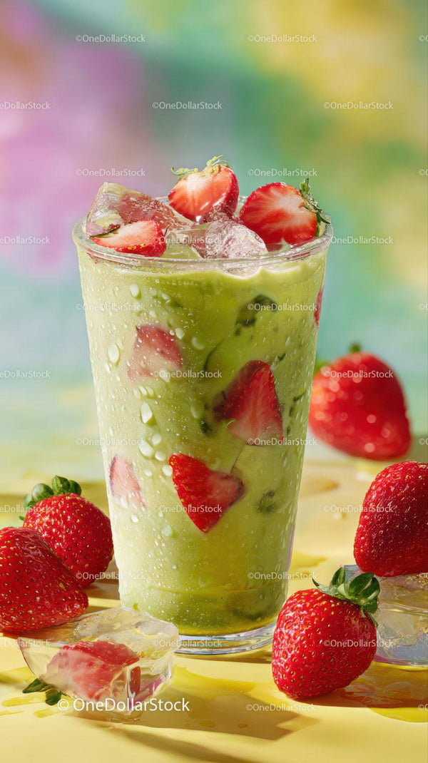 Refreshing Strawberry Drink with Sliced Strawberries and Ice Cubes