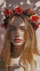 Young Woman with Red Floral Crown and Purple Grapes Outdoor Portrait