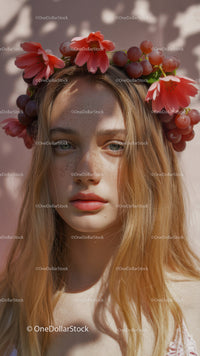 Young Woman with Red Floral Crown and Purple Grapes Outdoor Portrait