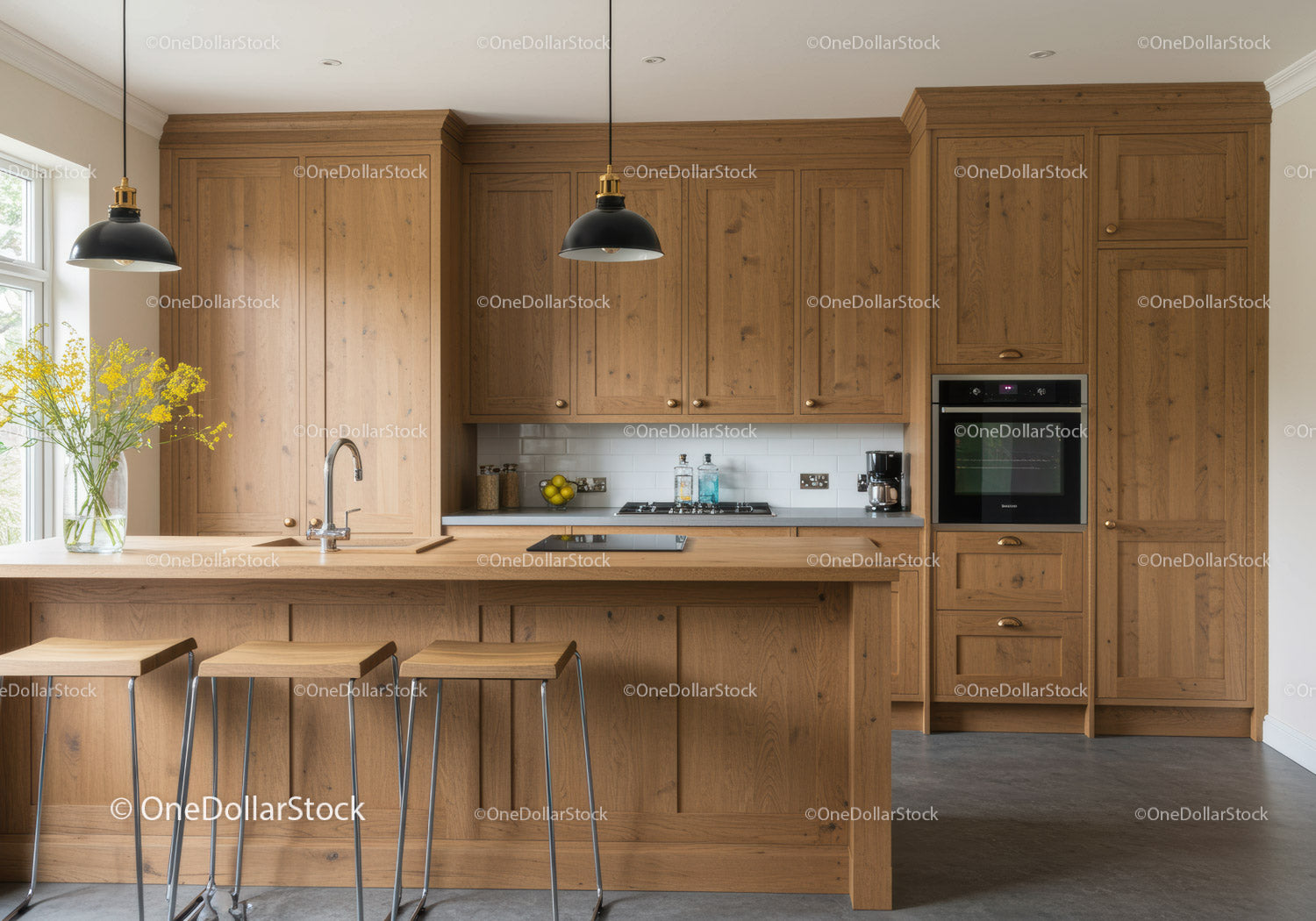 Contemporary Wooden Kitchen with Island and Black Pendant Lights