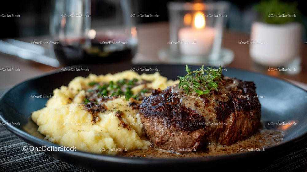 Juicy Steak with Mashed Potatoes and Herb Garnish in Elegant Restaurant