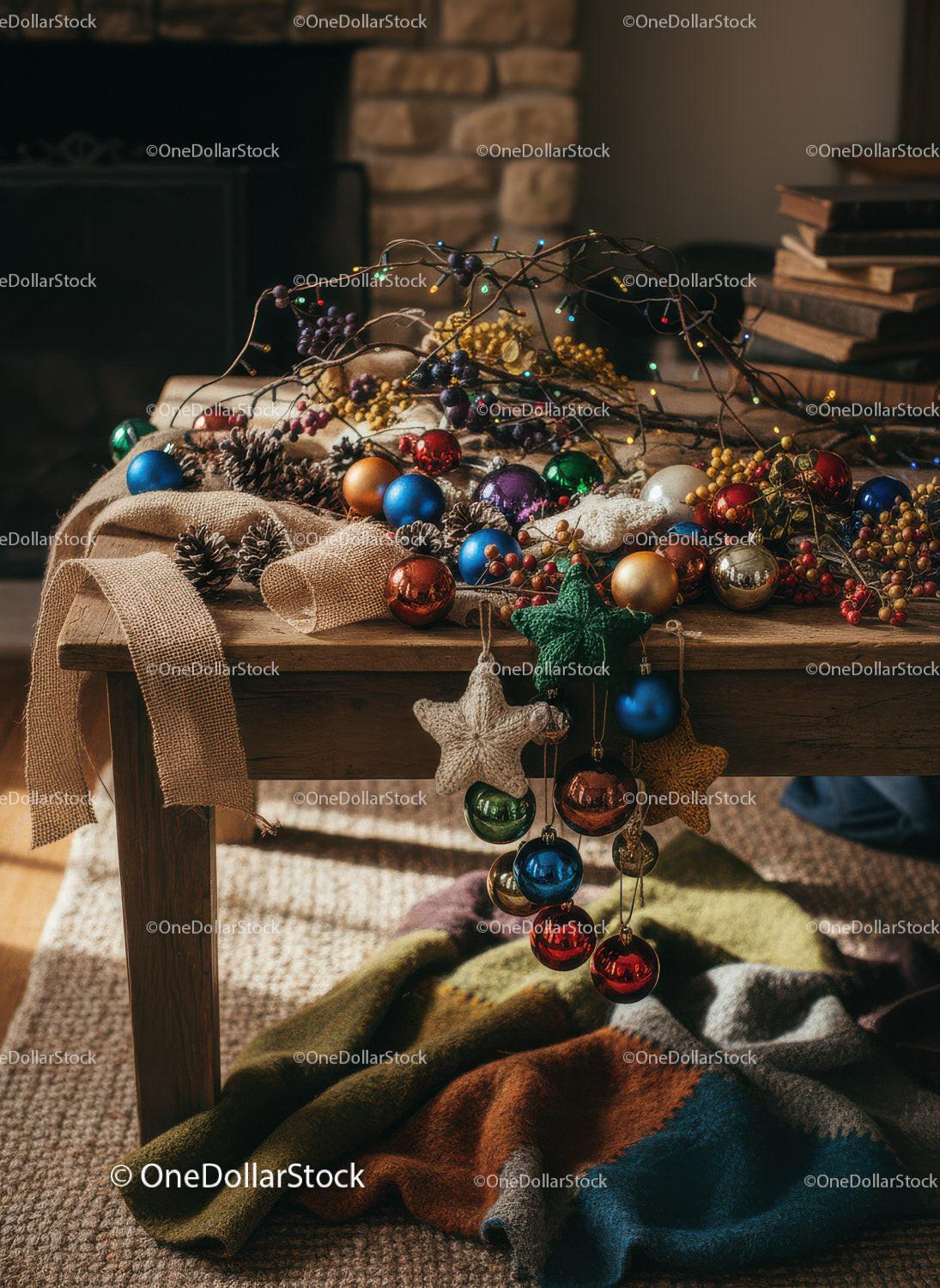 Cozy Rustic Table with Colorful Christmas Decorations