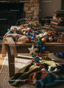 Cozy Rustic Table with Colorful Christmas Decorations