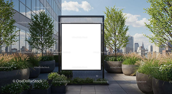 Urban rooftop garden with blank advertising billboard JPG Mockup Image