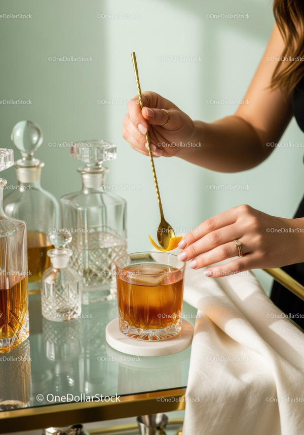 Elegant Amber Cocktail with Gold Stirrer and Crystal Decanters in Stylish Bar Scene