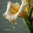 Close-up of Water Droplets on a Yellow Lily Petal with Green Background