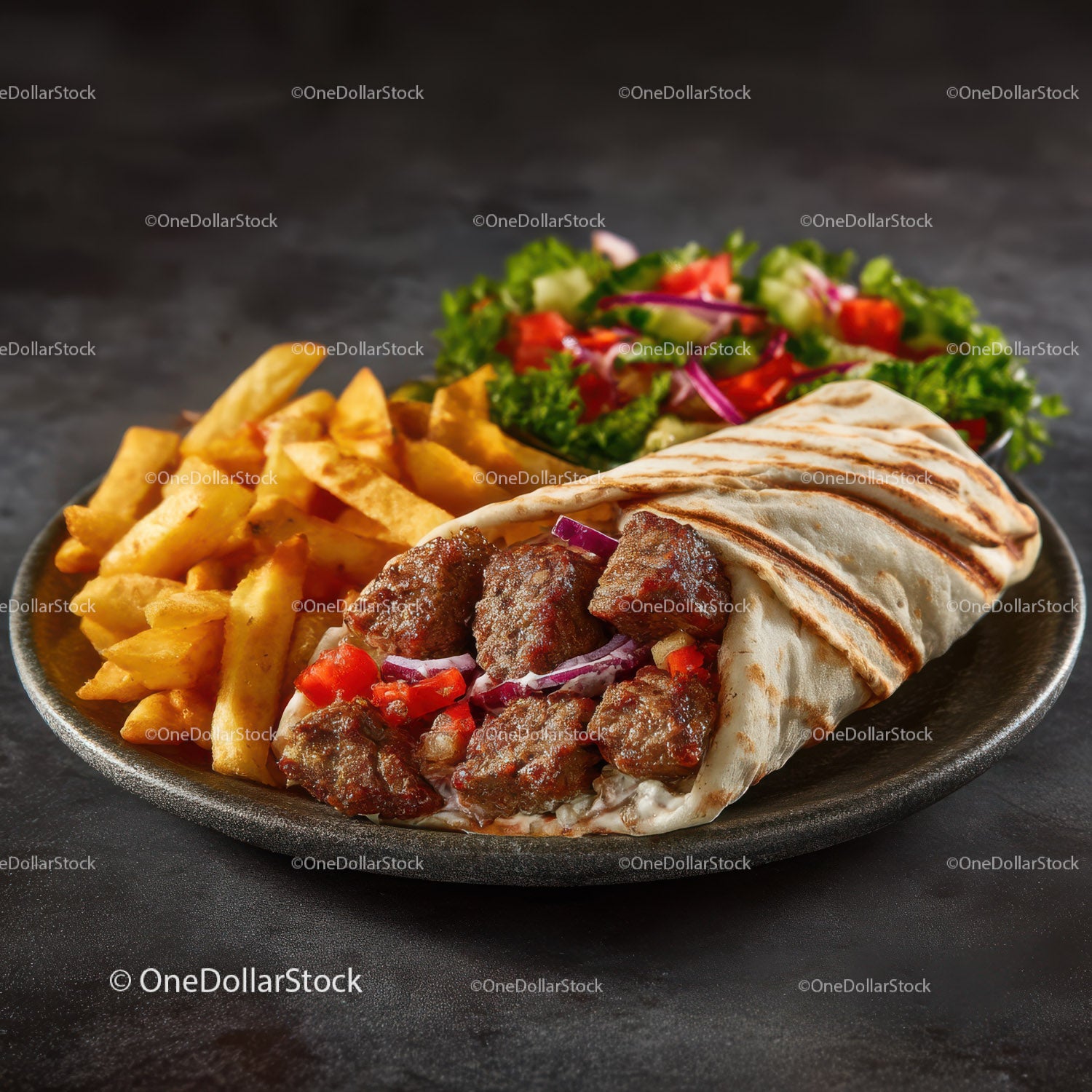 Grilled Chicken and Beef Shawarma Wrap with Fries and Salad