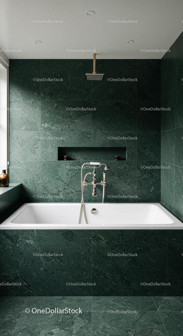 Luxurious Green Marble Bathroom with Modern Bathtub and Sleek Fixtures