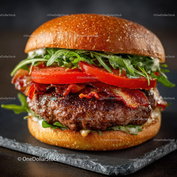 Juicy Beef Burger with Bacon and Fresh Vegetables in Bun
