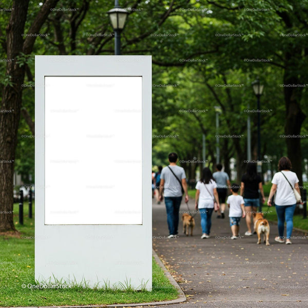 Blank vertical billboard in green park walkway JPG Mockup Image