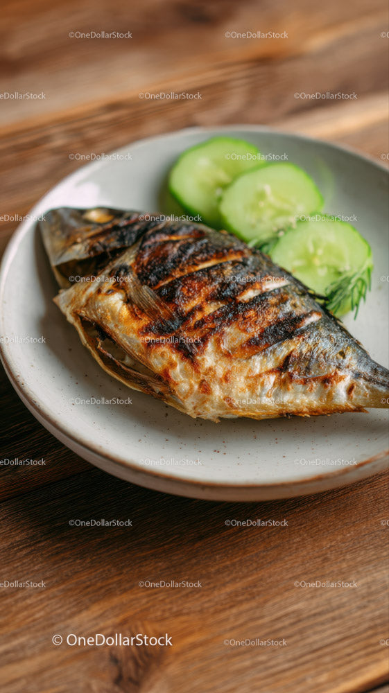 Grilled Fish with Cucumber Slices on Rustic Plate for Healthy Seafood Meal