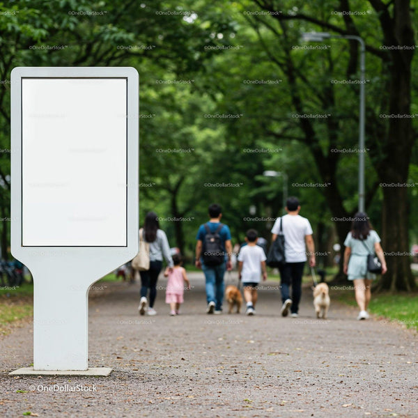 Families walking dogs in lush green park pathway JPG Mockup Image