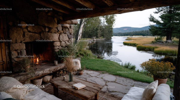 Serene Riverside Cabin with Fireplace Overlooking Mountain Landscape
