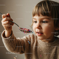 Little child playing with colorful sprinkles on spoon