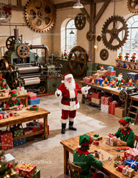Santa Claus with Elves Wrapping Christmas Gifts in Workshop