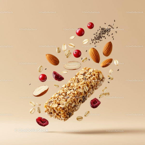 Healthy granola bar with nuts and berries floating