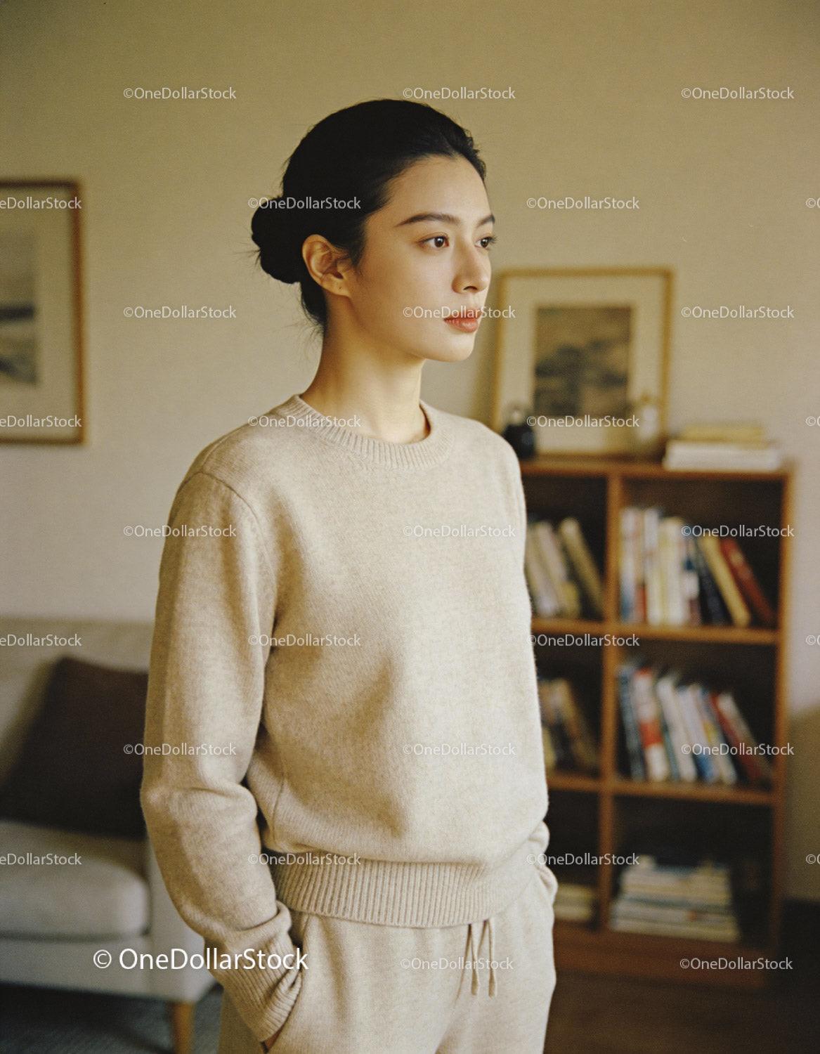 Calm young woman standing thoughtfully at home