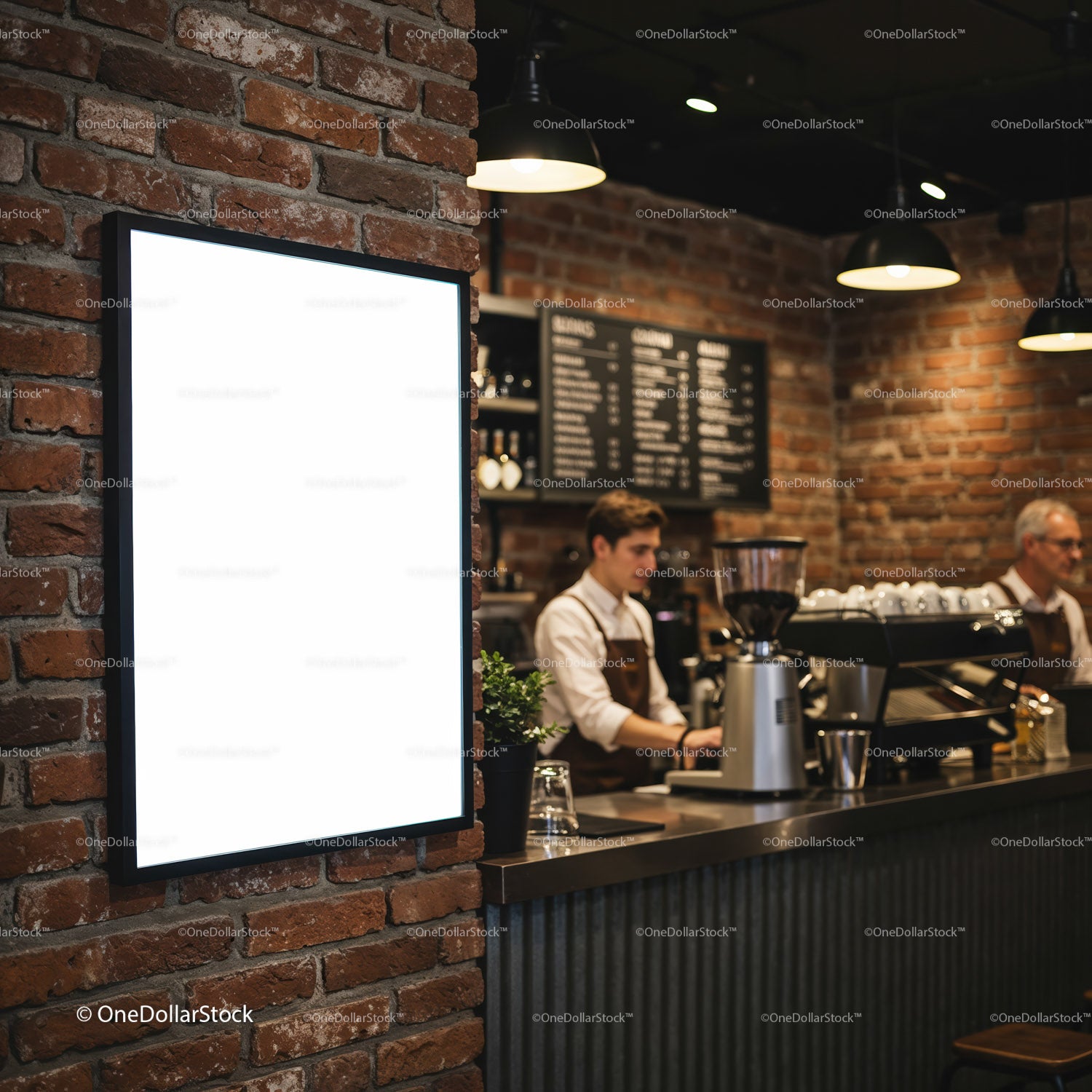 Baristas preparing coffee in modern industrial cafe interior