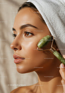 Beautiful Woman Using Jade Roller for Facial Skincare and Relaxation