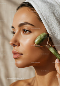 Beautiful Woman Using Jade Roller for Facial Skincare and Relaxation