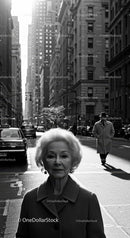 Elegant Elderly Woman Standing on a Busy NYC City Street in Black and White
