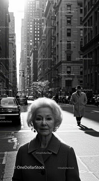 Elegant Elderly Woman Standing on a Busy NYC City Street in Black and White