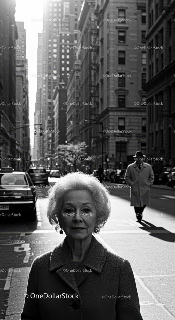 Elegant Elderly Woman Standing on a Busy NYC City Street in Black and White