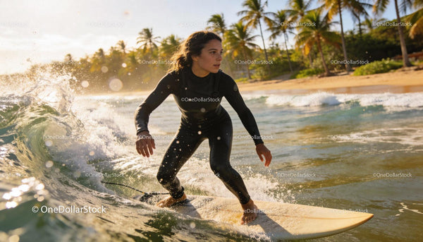 Young woman surfing waves near tropical palm beach